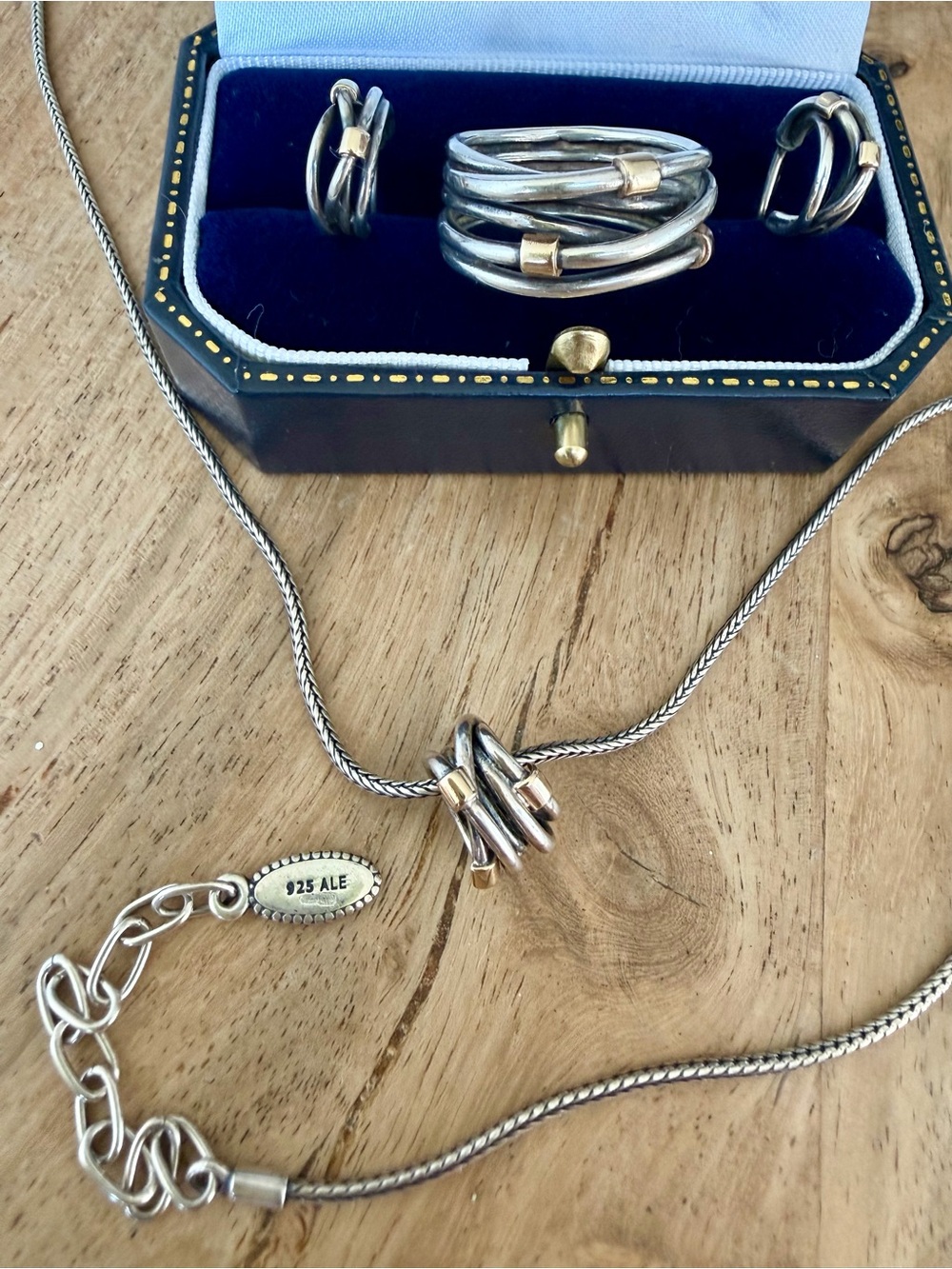 Pandora Two-Tone Silver and Gold Knot Necklace with Matching Ring and Earrings - Picture 4 of 5